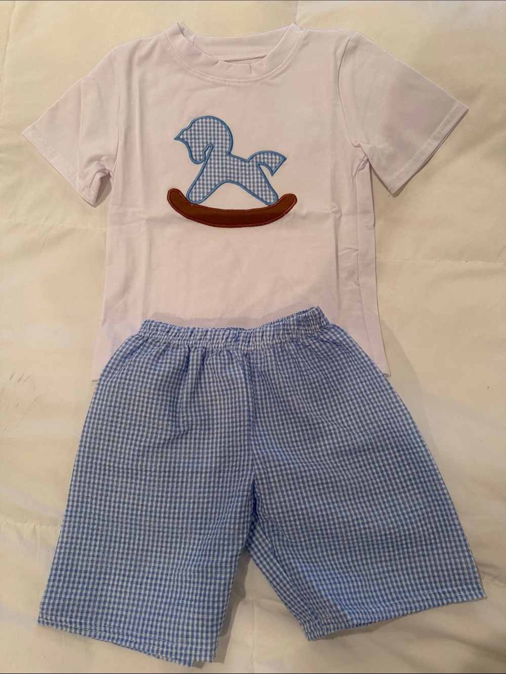 Rocking Horse appliqué shirt with matching blue gingham shorts